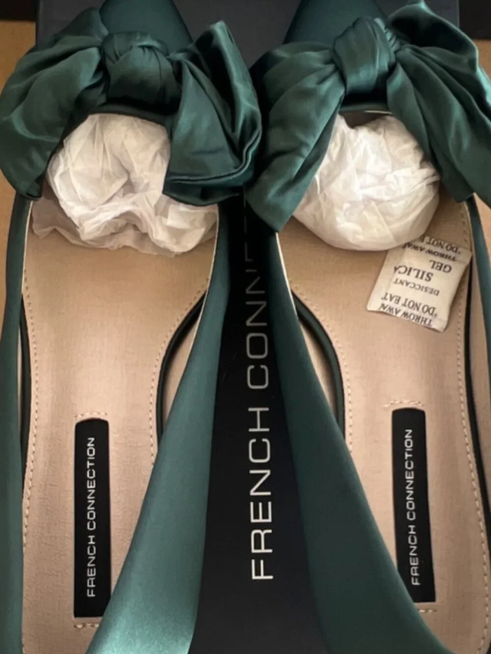 French Connection Emerald Green Bow Satin Kitten Heel Pumps - Picture 6 of 8